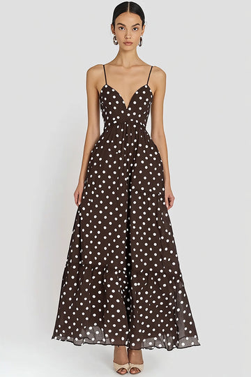 Kaffe Spaghetti Stropper A Line Hvid Polka Dots Kjole